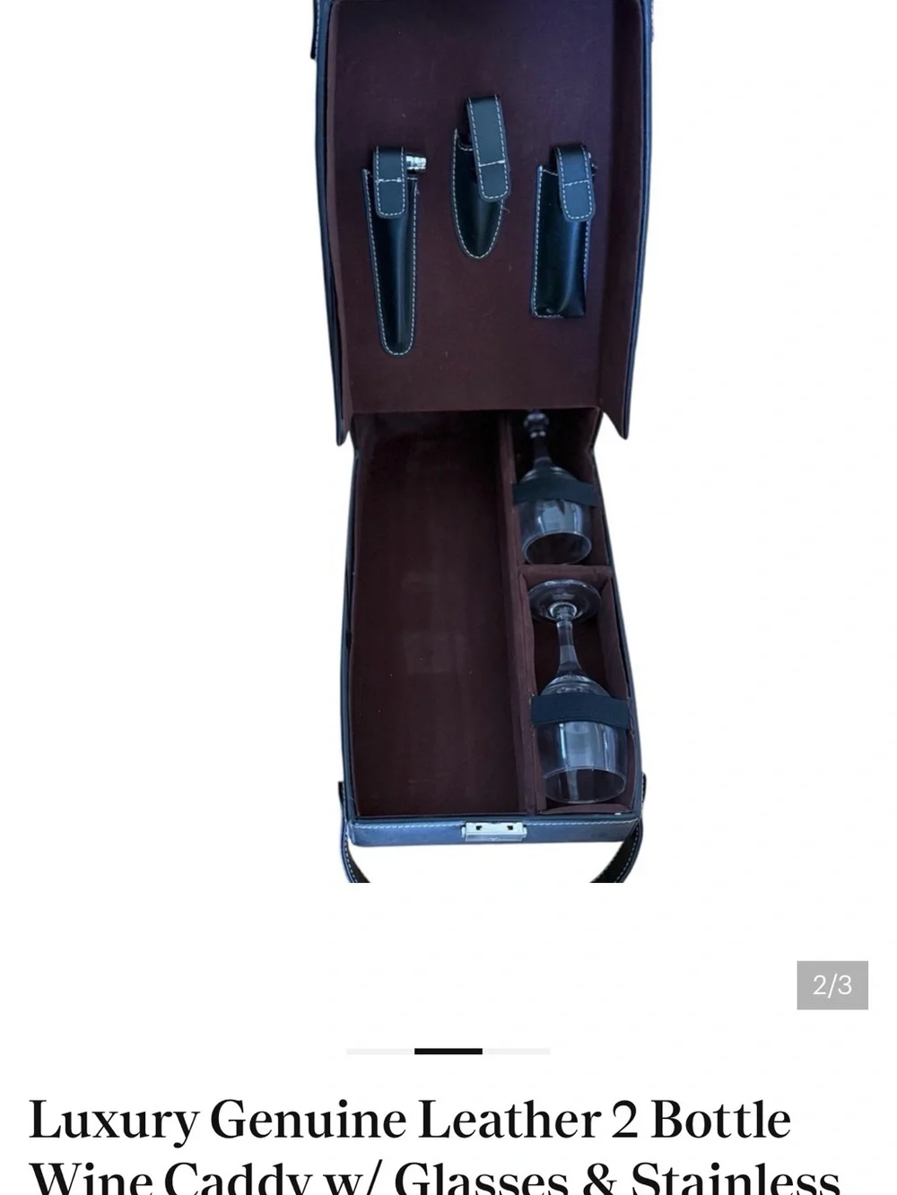 Luxury Genuine Leather 2-Bottle Wine Caddy - Black